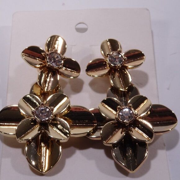 Banana Republic Shiny Gold METALS Petal Flower Crystal Drop Earrings NWT 58 - Picture 4 of 8